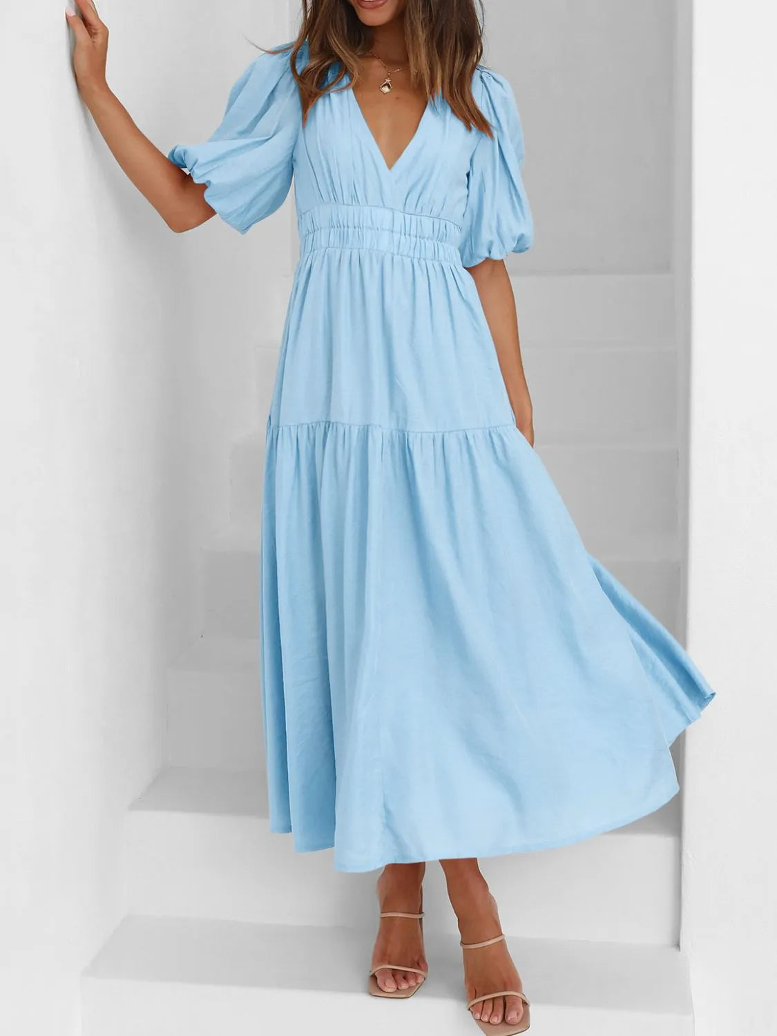 Square V Neck Puff Sleeve Midi Dress Black 1