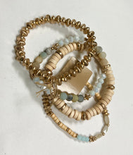 Load image into Gallery viewer, Wood, Blue, and Gold Beaded Bracelet Set of 4
