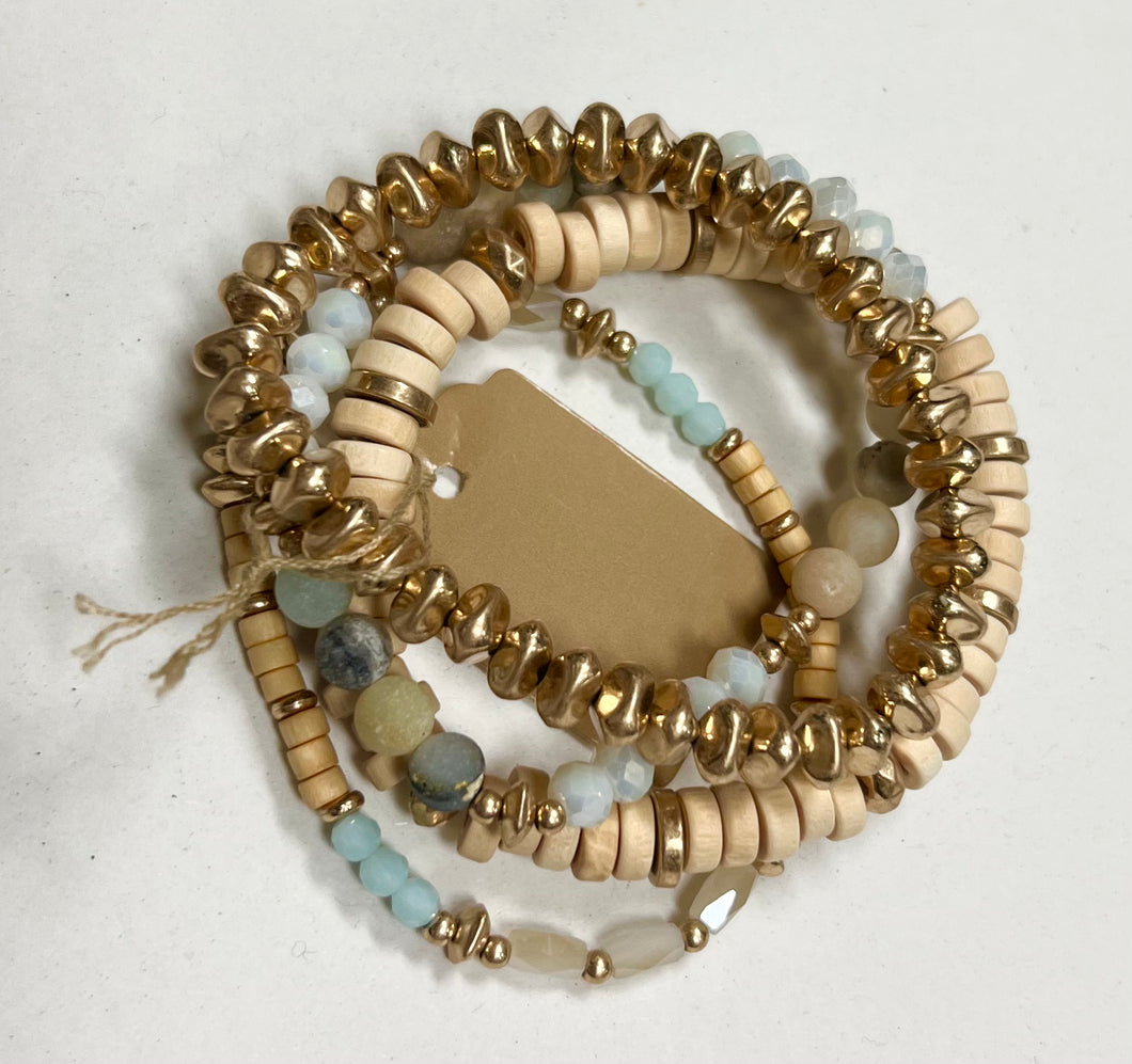 Wood, Blue, and Gold Beaded Bracelet Set of 4