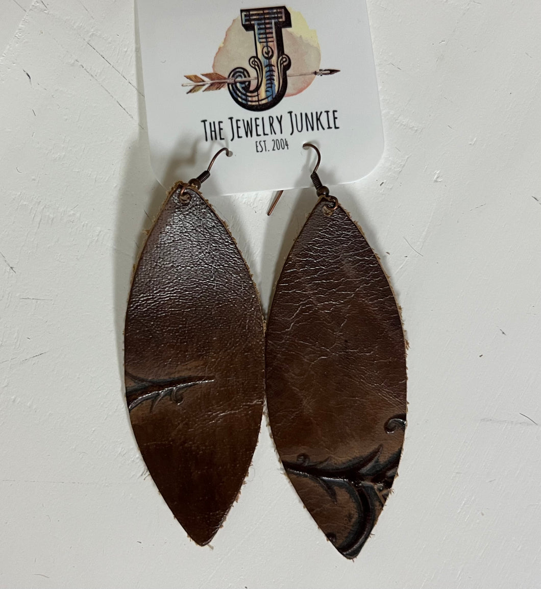 Leather Skinny Oval Earrings in Embossed Dark Brown