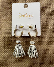 Load image into Gallery viewer, Black &amp; White Fringe Dangle Earrings with Gold Hoop
