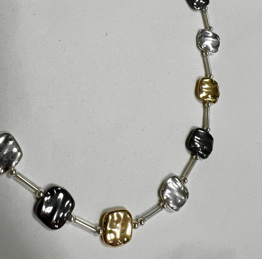 Dark Gray, Silver, and Gold Square Necklace