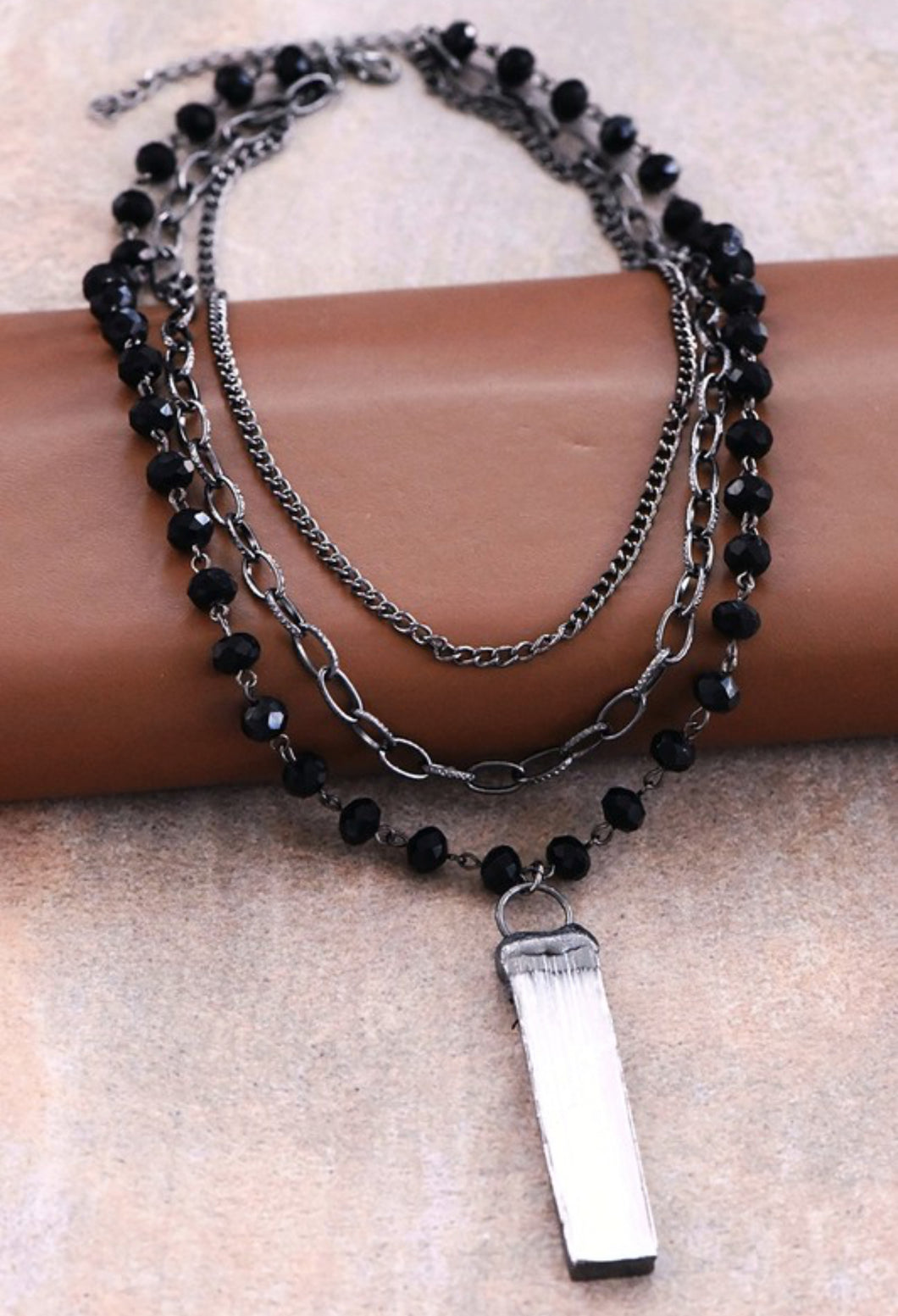 Black Layered Necklace with Crystal Stone Necklace