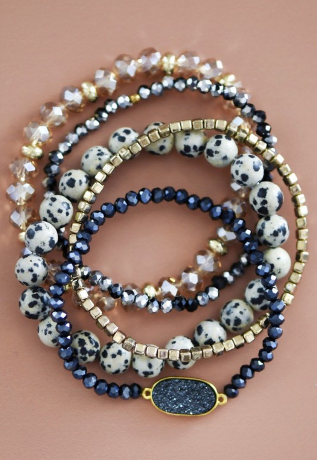 Natural Dalmatian Stone and Crystal Bracelet Set