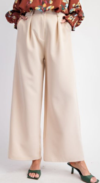 Beige Wool Wide Leg Trousers